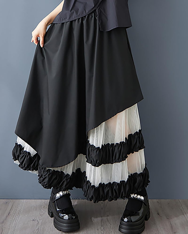 ellazhu Women's Skirt Loose Oversize Pleated High Elastic Waist Patchwork Mesh Side Pockets GZ660 Black - Image 2