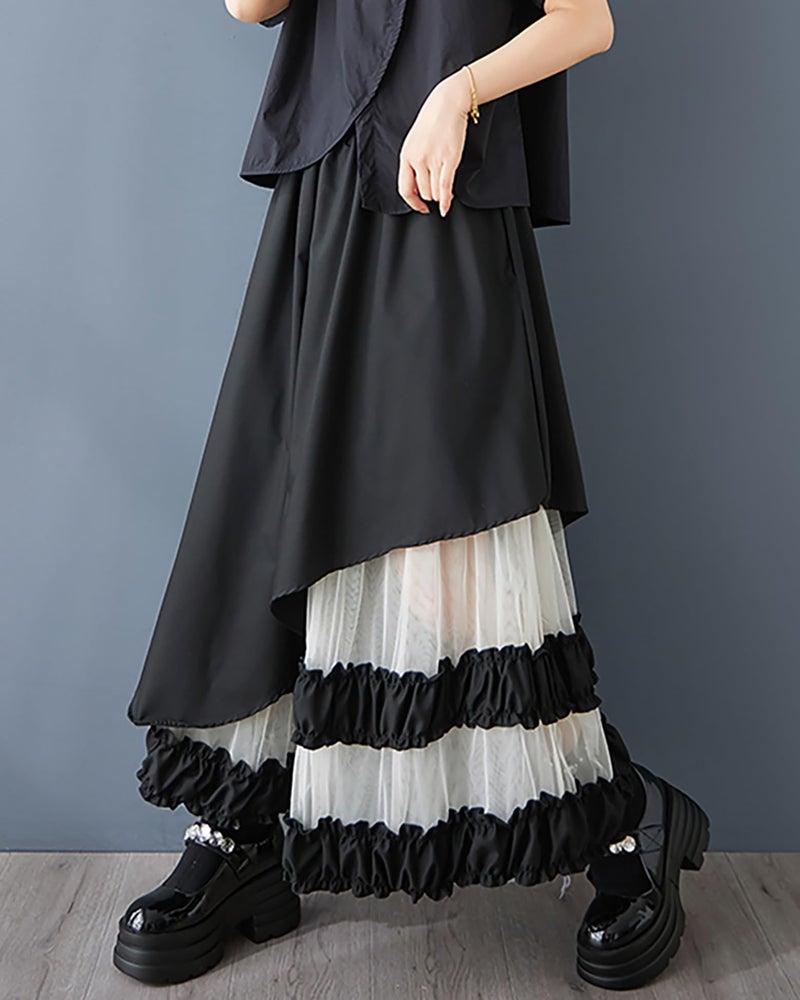 ellazhu Women's Skirt Loose Oversize Pleated High Elastic Waist Patchwork Mesh Side Pockets GZ660 Black - Image 4