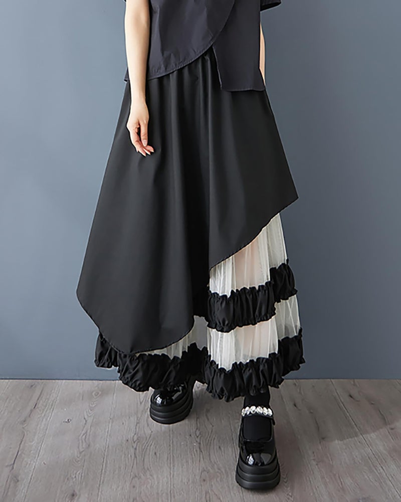 ellazhu Women's Skirt Loose Oversize Pleated High Elastic Waist Patchwork Mesh Side Pockets GZ660 Black - Image 3