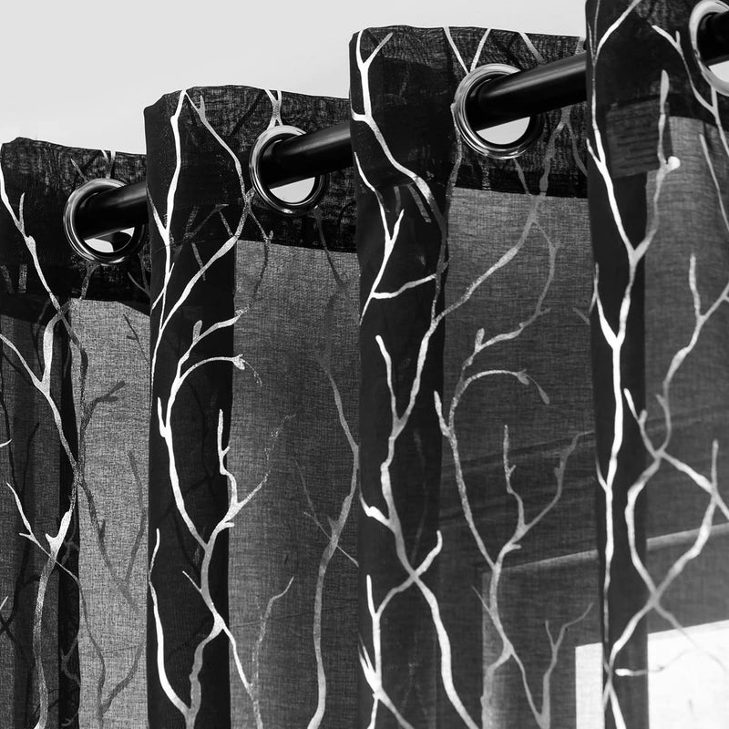 ستائر شفافة سوداء وفضية من كوتيل لغرفة النوم، تصميم فرع شجرة معدني، فلتر ضوء، بطول 84 بوصة، لغرفة المعيشة، 52 × 84 بوصة، 2 لوح