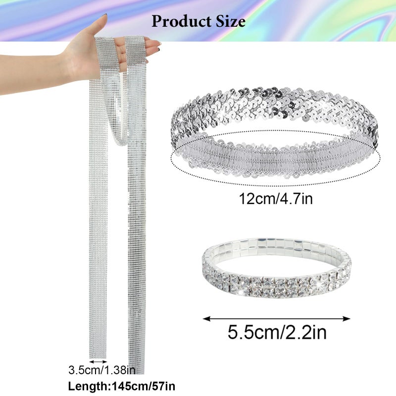 Gvhntk 6 Pcs 70s Women Disco Accessories Disco Costume Disco Sequin Scarf Headband Diamond Bracelet Ball Necklace Earring Glasses(Sliver) - Image 3