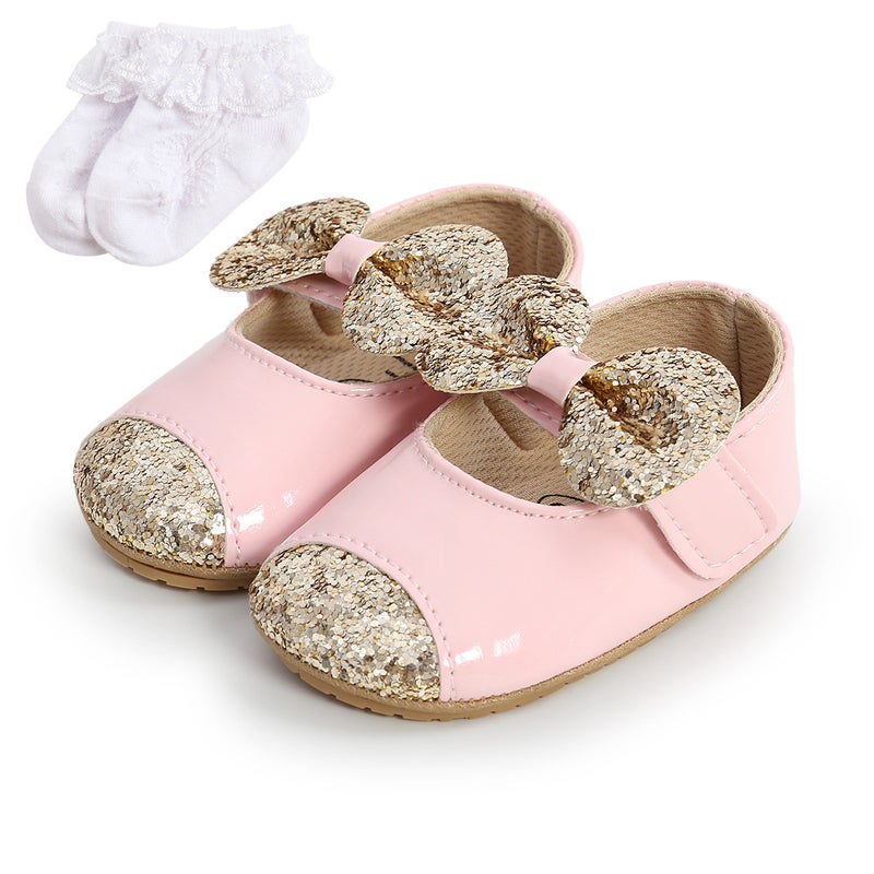 Butterfly Sequin Princess Baby Shoes Soft Sole M1951 Pink socks