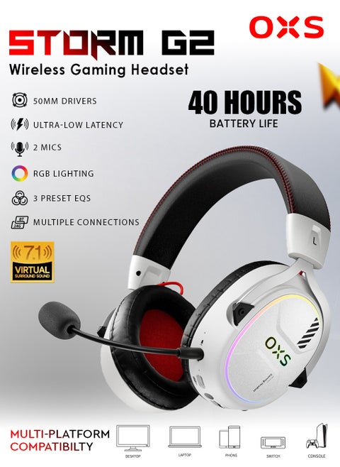 OXS Storm G2 Wireless Gaming Headset, Over-Ear Gaming Headphones, 40H Battery Life with 7.1 Virtual Surround Audio, 3 EQ Modes, Low Latency 2.4GHz, 50mm Driver, RGB Light, Bluetooth 5.3, Compatible with PC, Console, Mobile Phone - White