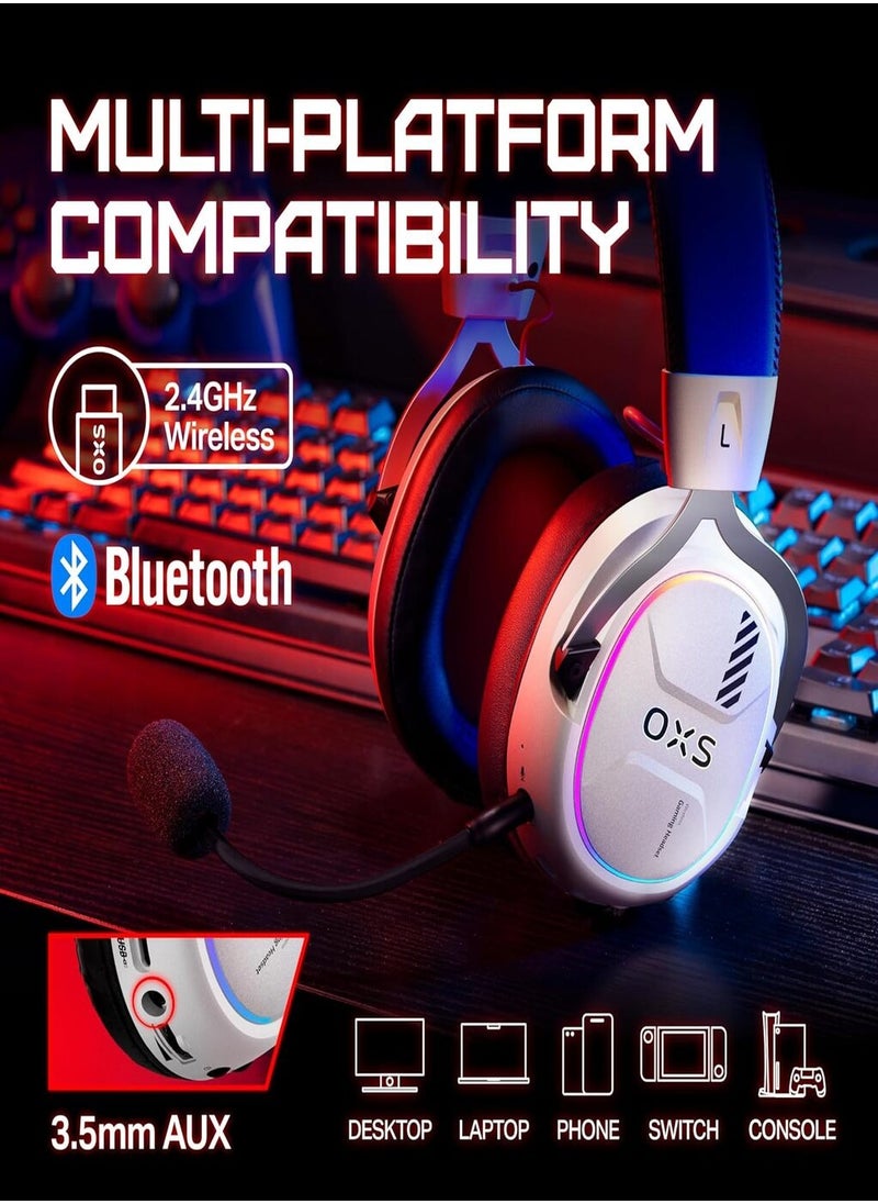 OXS Storm G2 Wireless Gaming Headset, Over-Ear Gaming Headphones, 40H Battery Life with 7.1 Virtual Surround Audio, 3 EQ Modes, Low Latency 2.4GHz, 50mm Driver, RGB Light, Bluetooth 5.3, Compatible with PC, Console, Mobile Phone - White