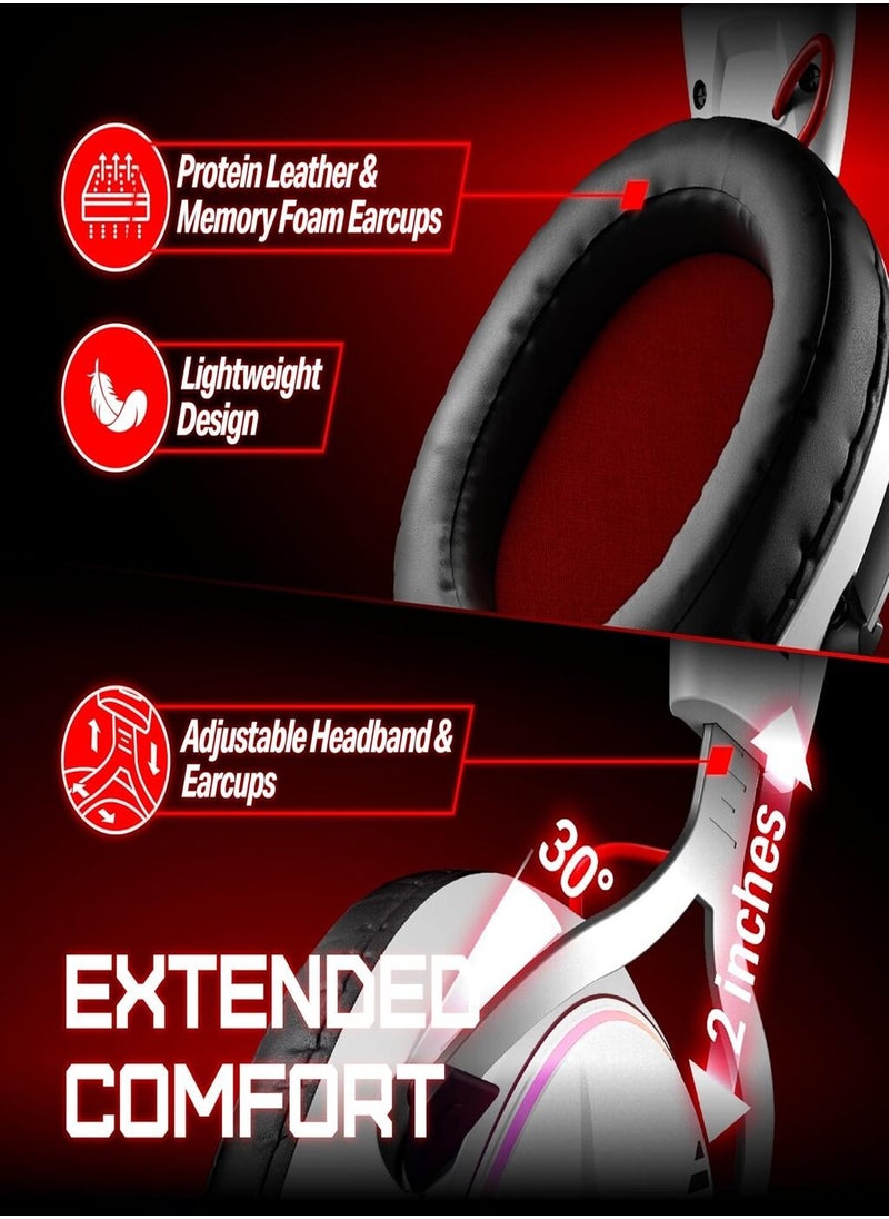 OXS Storm G2 Wireless Gaming Headset, Over-Ear Gaming Headphones, 40H Battery Life with 7.1 Virtual Surround Audio, 3 EQ Modes, Low Latency 2.4GHz, 50mm Driver, RGB Light, Bluetooth 5.3, Compatible with PC, Console, Mobile Phone - White