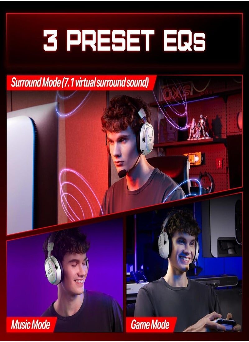 OXS Storm G2 Wireless Gaming Headset, Over-Ear Gaming Headphones, 40H Battery Life with 7.1 Virtual Surround Audio, 3 EQ Modes, Low Latency 2.4GHz, 50mm Driver, RGB Light, Bluetooth 5.3, Compatible with PC, Console, Mobile Phone - White