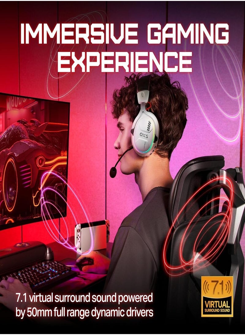OXS Storm G2 Wireless Gaming Headset, Over-Ear Gaming Headphones, 40H Battery Life with 7.1 Virtual Surround Audio, 3 EQ Modes, Low Latency 2.4GHz, 50mm Driver, RGB Light, Bluetooth 5.3, Compatible with PC, Console, Mobile Phone - White