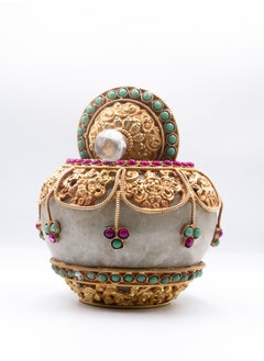 Antique Ornate Jewel-Encrusted Decorator Container Crystal Filigree Bowl with Lid Home Decoration Gold Plated and Silver Plated Inlay with Crystal quartz, Emeralds and Rubies Gemstones - pzsku/Z861C7EED2EB324F9ED13Z/45/_/1720996766/321eba5a-fb86-46b2-ad59-e496e8f2d975