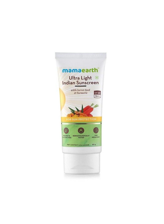Mamaearth - Ultra Light Indian Sunscreen Spf50 Pa+++ With Turmeric And Carrot Seed Oil For Dry | Normal | Oily | Sensitive Skin Broad Spectrum Moisturizing Uva/Uvb (25 Ml) - Image 1