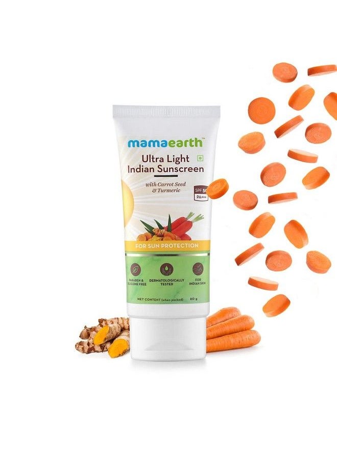 Mamaearth - Ultra Light Indian Sunscreen Spf50 Pa+++ With Turmeric And Carrot Seed Oil For Dry | Normal | Oily | Sensitive Skin Broad Spectrum Moisturizing Uva/Uvb (25 Ml) - Image 1
