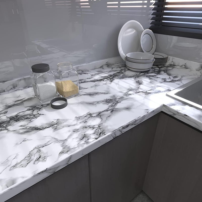 VOLEAAR Glossy Black and White Marble Contact Paper 35 x 196 Inches Peel and Stick Wallpaper Vinyl Film Self Adhesive Removable Waterproof Wall Paper for Cabinet Countertop Kitchen Bathroom - Image 3