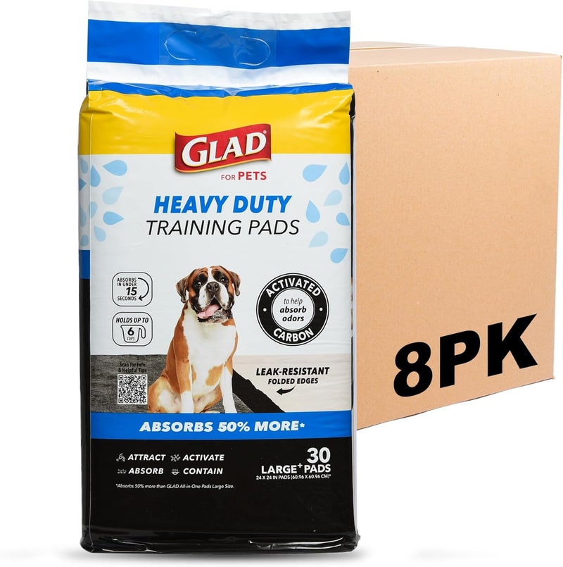 Glad for Pets Heavy Duty Activated Carbon Training Pads, 24" x 24" | Ultra Absorbent Training Pads - Absorbs 50% More Than Standard Pad; Heavy Duty Puppy Potty Training Pads, 30 Count - 8 Pack - Image 1