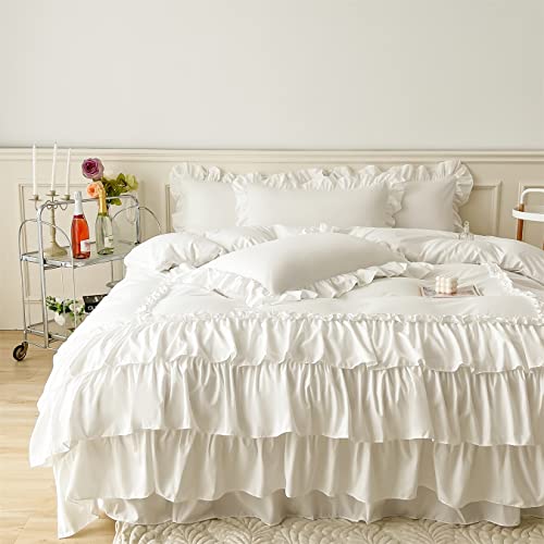IHOUSTRIY Ruffle Duvet Cover Queen Size,100% Washed Microfiber 3pcs Bedding Duvet Cover Set, Shabby Chic Farmhouse Duvet Cover and Pillow Shams, Zipper Closure & Corner Ties, Easy Care, White - Queen - Image 1