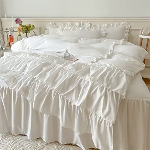 IHOUSTRIY Ruffle Duvet Cover Queen Size,100% Washed Microfiber 3pcs Bedding Duvet Cover Set, Shabby Chic Farmhouse Duvet Cover and Pillow Shams, Zipper Closure & Corner Ties, Easy Care, White - Queen - Image 2
