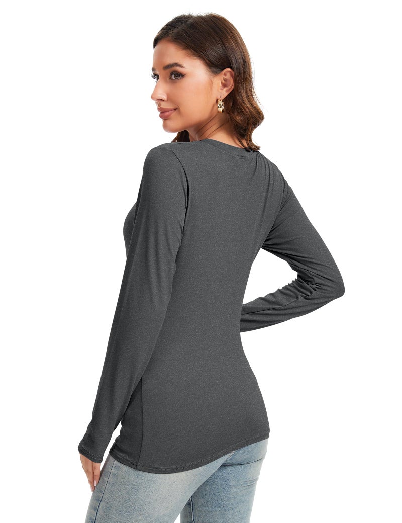 Kinglaman 5 Pack Womens Basic Long Sleeve V Neck Shirts Slim Fitted Tight T Shirts Underscrubs Fall Casual Going Out Tops 2 Black 2 White 1 Heather Grey Medium - Image 4