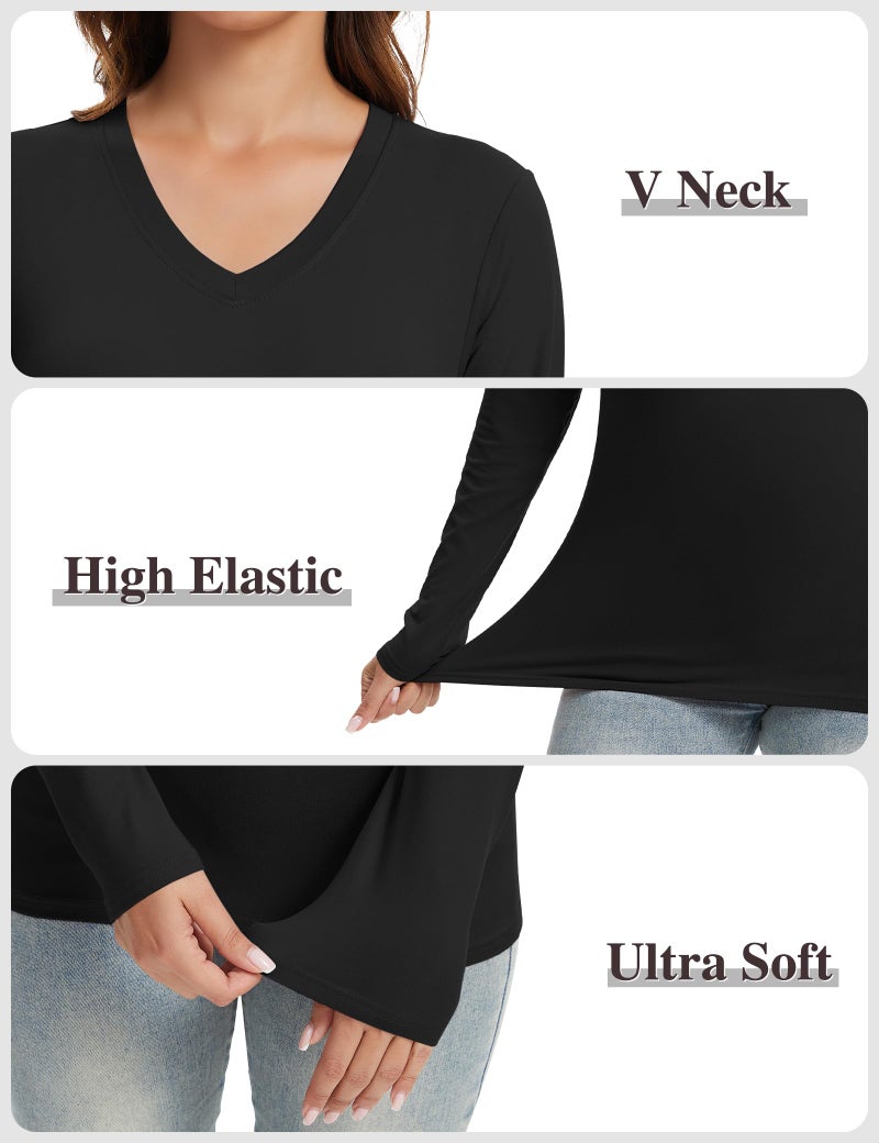 Kinglaman 5 Pack Womens Basic Long Sleeve V Neck Shirts Slim Fitted Tight T Shirts Underscrubs Fall Casual Going Out Tops 2 Black 2 White 1 Heather Grey Medium - Image 5