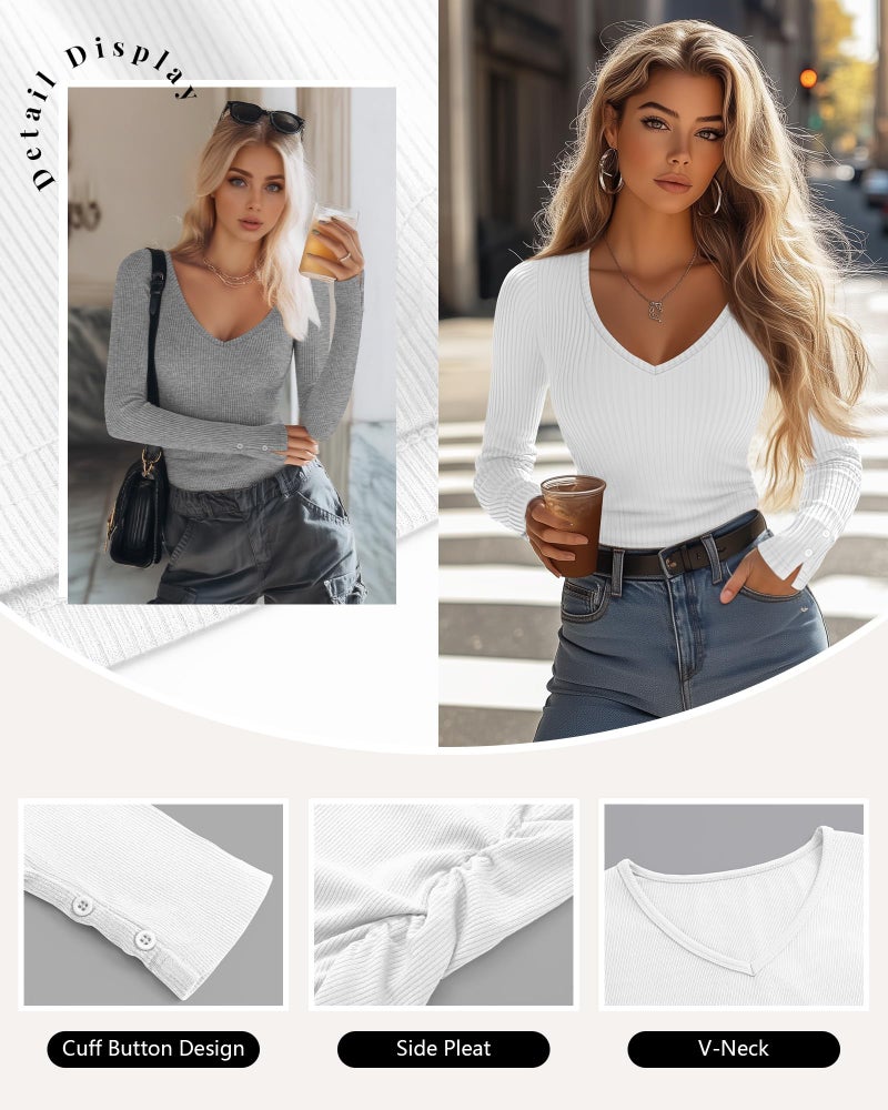 Xaatren 3 Pack Women's Long Sleeve Tops V Neck Ribbed Knit Slim Fit Shirts Fall Basic Casual Stretch Layering Tee(Light Grey, White, Black,Medium) - Image 4
