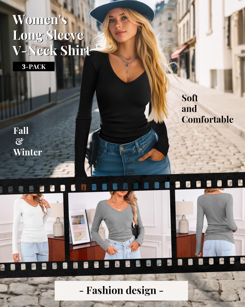 Xaatren 3 Pack Women's Long Sleeve Tops V Neck Ribbed Knit Slim Fit Shirts Fall Basic Casual Stretch Layering Tee(Light Grey, White, Black,Medium) - Image 5