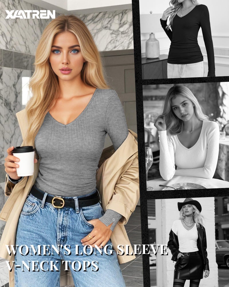Xaatren 3 Pack Women's Long Sleeve Tops V Neck Ribbed Knit Slim Fit Shirts Fall Basic Casual Stretch Layering Tee(Light Grey, White, Black,Medium) - Image 3