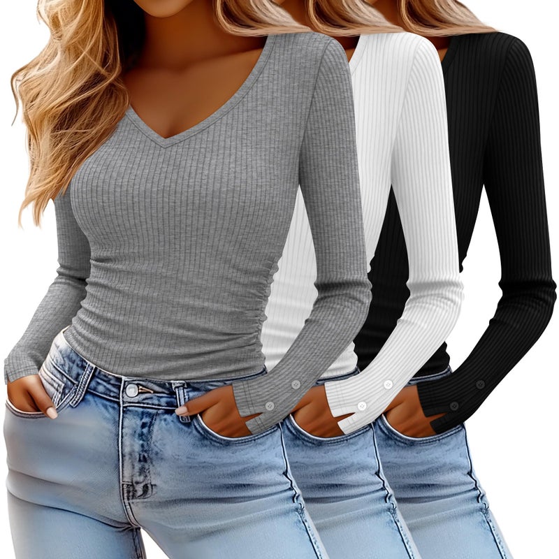 Xaatren 3 Pack Women's Long Sleeve Tops V Neck Ribbed Knit Slim Fit Shirts Fall Basic Casual Stretch Layering Tee(Light Grey, White, Black,Medium) - Image 1
