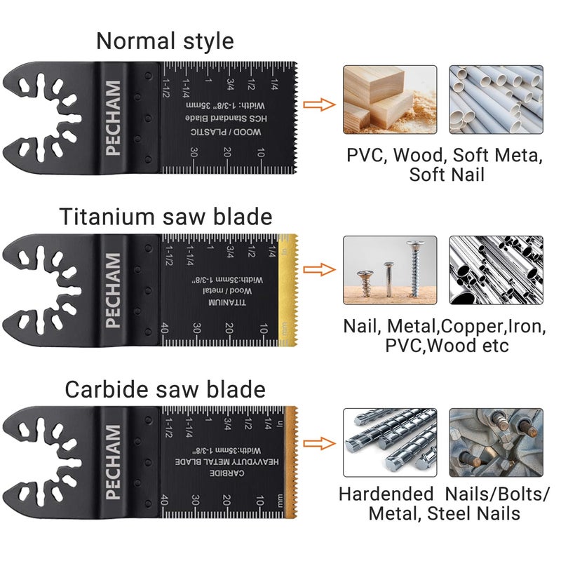PECHAM 23PCS Titanium & Carbide Multitool Blades Oscillating Tool Saw Blades Heavy Duty for Hard Material, Metal/Steel Nails/Bolts/Screws Fit Most Oscillating Tools - Image 2
