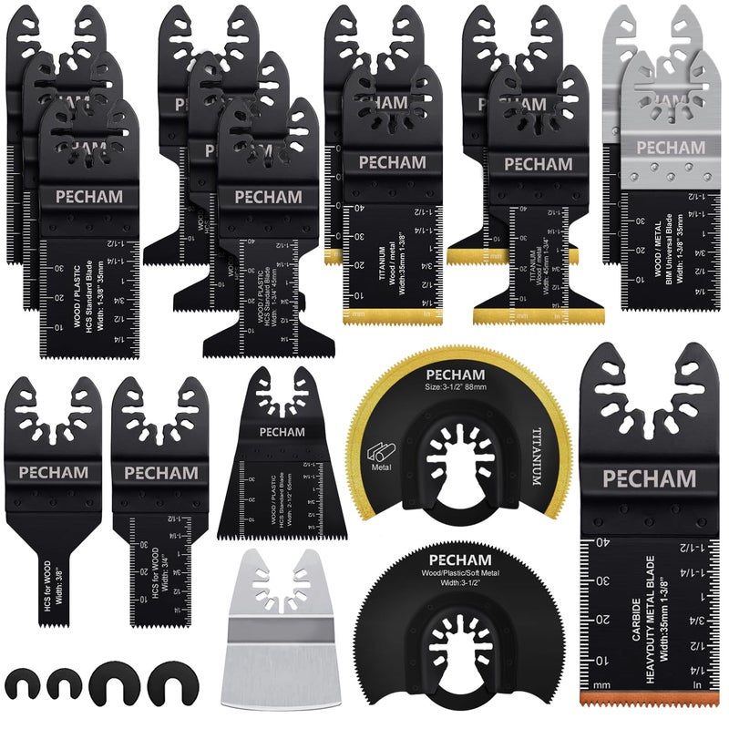 PECHAM 23PCS Titanium & Carbide Multitool Blades Oscillating Tool Saw Blades Heavy Duty for Hard Material, Metal/Steel Nails/Bolts/Screws Fit Most Oscillating Tools - Image 1