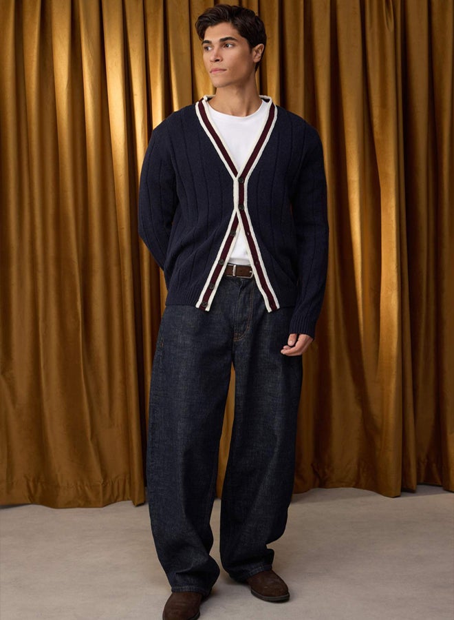 trendyol Special Collection Navy Blue Regular VNeck Color Block Cardigan - Image 2