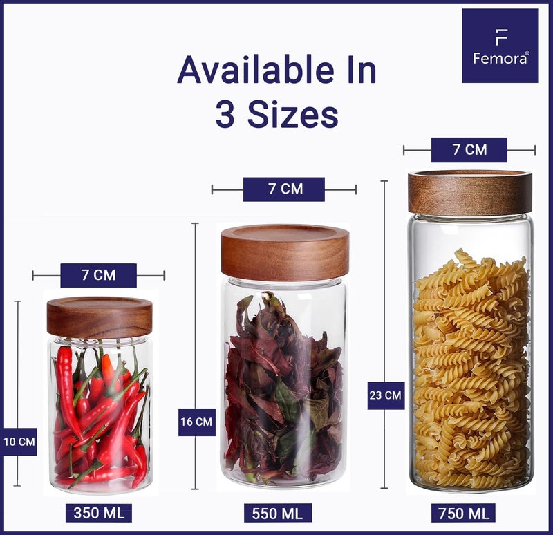 Femora Glass Jars For Kitchen| Borosilicate Glass Jar With Wooden Lid| Glass Storage Jar For Kitchen|1 Year Warranty| Fancy Jars for Gifting, Snacks, Spice, Cookies, Dry Food, Pickles|350ml| Set Of 1 - Image 4