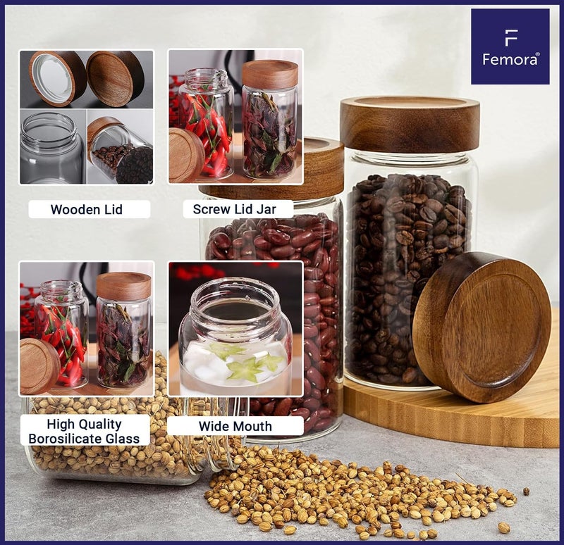 Femora Glass Jars For Kitchen| Borosilicate Glass Jar With Wooden Lid| Glass Storage Jar For Kitchen|1 Year Warranty| Fancy Jars for Gifting, Snacks, Spice, Cookies, Dry Food, Pickles|350ml| Set Of 1 - Image 2
