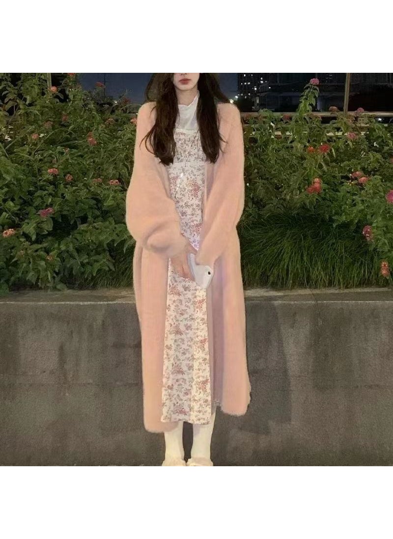 Generic - Autumn Winter Ladies Knitted Long Lazy Style Fashionable Sweet Cute Thick Wool Coat Soft Plushy Macaron Color Regular Sleeve Light Blue - Image 1