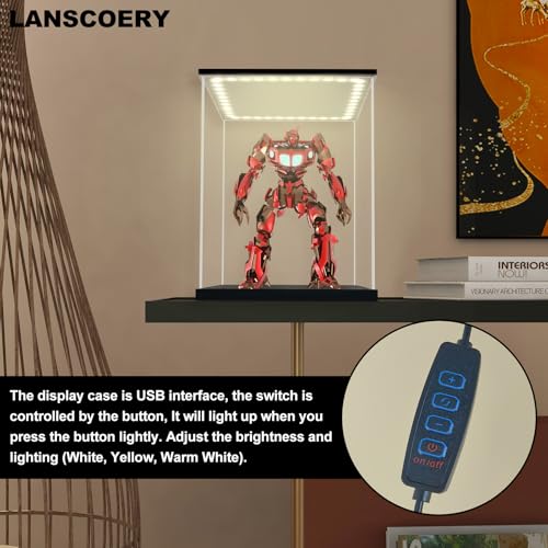 LANSCOERY Small Acrylic Display Case with Adjustable Yellow/White/Warm LED Light, UV Protection Clear Display Box, Dustproof Showcase for Action Figures, Models, Collectibles - 4.7x4.7x6 inch - Image 4