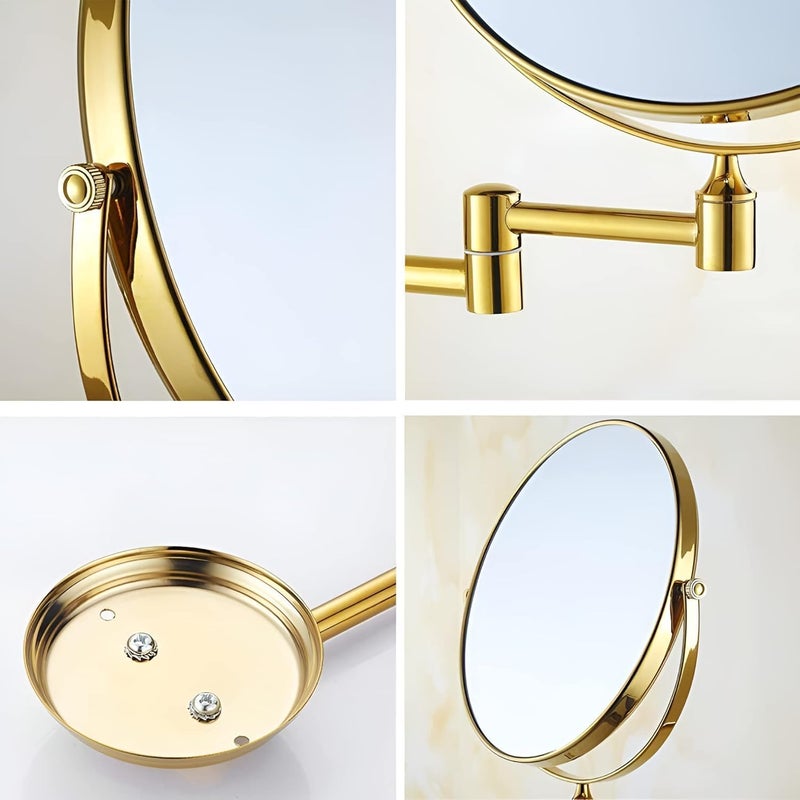 360 Degree Rotating Double Sided Round Bathroom Mirror with Magnifying View Foldable Shaving Makeup Wall Mounted Mirror (Multicolor) (Gold) - Image 4