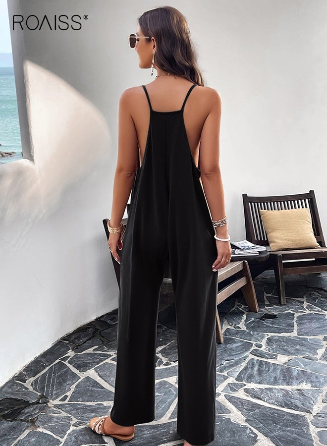 roaiss Women Chic Black Slim Fit Suspender Jumpsuit Elegant V-Neck Solid Color Romper with Breathable Lightweight Fabric Comfort Stretch Figure Flattering Silhouette - Image 4