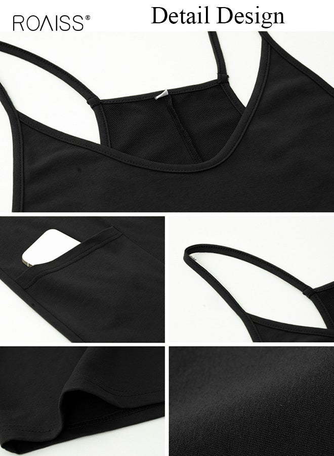 roaiss Women Chic Black Slim Fit Suspender Jumpsuit Elegant V-Neck Solid Color Romper with Breathable Lightweight Fabric Comfort Stretch Figure Flattering Silhouette - Image 5