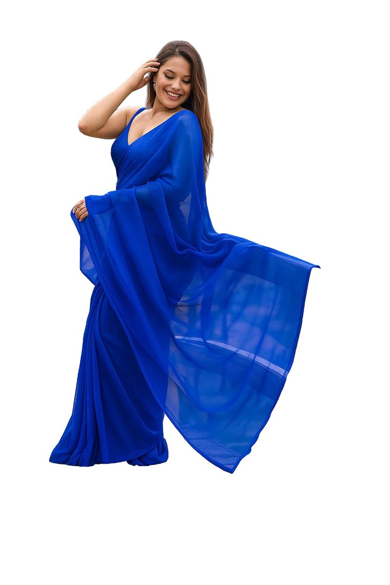 ANSHMJIMN Women's Plain Pure Georgette Saree With Unstitched Blouse Piece (Royal Blue) - Image 1