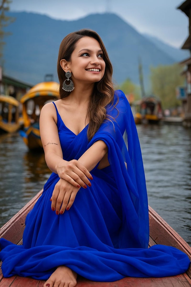 ANSHMJIMN Women's Plain Pure Georgette Saree With Unstitched Blouse Piece (Royal Blue) - Image 3