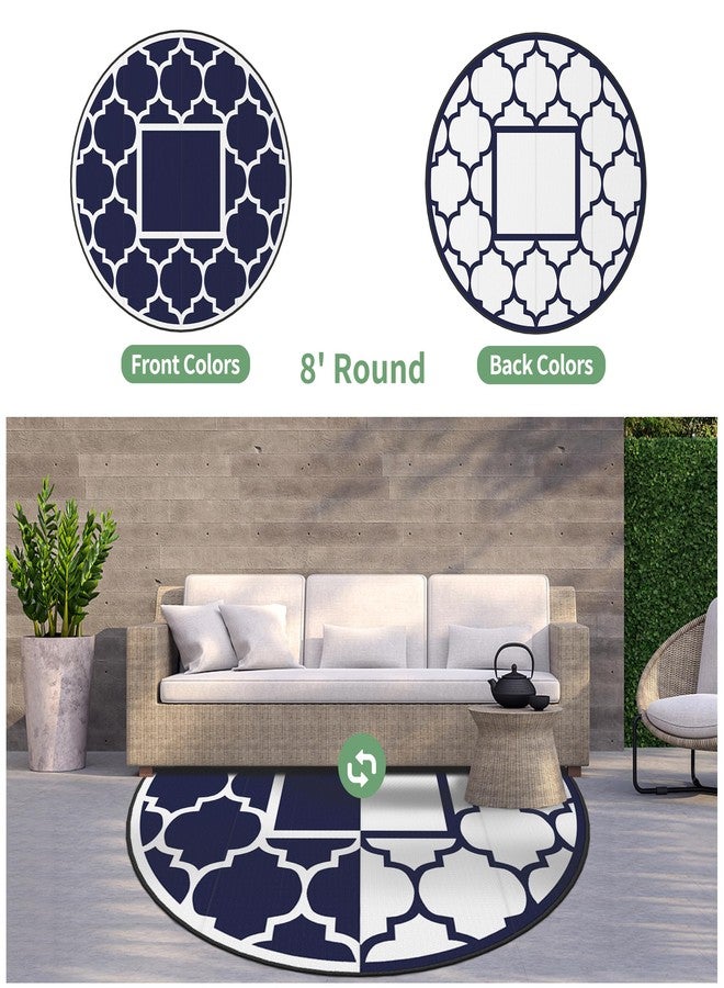 GENIMO 8' Round Outdoor Rug Waterproof for Patio Decor, Foldable Reversible Plastic Straw Area Rugs Mat for Rv, Outside Carpet for Camper, Deck, Picnic, Beach, Balcony, Camper, Blue & White - Image 4