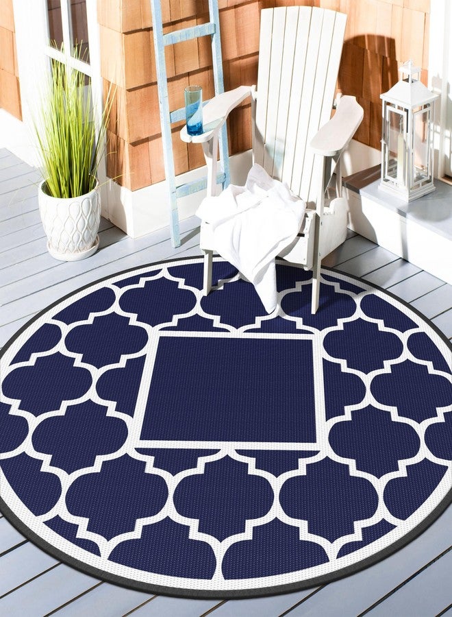 GENIMO 8' Round Outdoor Rug Waterproof for Patio Decor, Foldable Reversible Plastic Straw Area Rugs Mat for Rv, Outside Carpet for Camper, Deck, Picnic, Beach, Balcony, Camper, Blue & White - Image 2