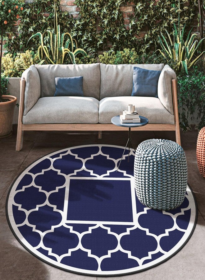 GENIMO 8' Round Outdoor Rug Waterproof for Patio Decor, Foldable Reversible Plastic Straw Area Rugs Mat for Rv, Outside Carpet for Camper, Deck, Picnic, Beach, Balcony, Camper, Blue & White - Image 1