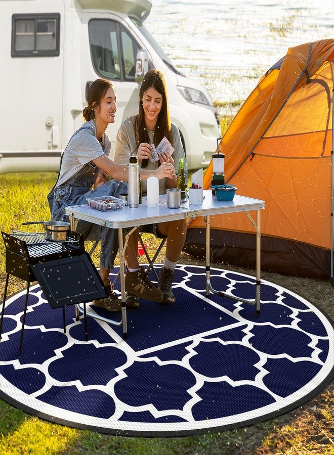 GENIMO 8' Round Outdoor Rug Waterproof for Patio Decor, Foldable Reversible Plastic Straw Area Rugs Mat for Rv, Outside Carpet for Camper, Deck, Picnic, Beach, Balcony, Camper, Blue & White - Image 3