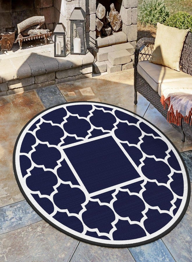 GENIMO 8' Round Outdoor Rug Waterproof for Patio Decor, Foldable Reversible Plastic Straw Area Rugs Mat for Rv, Outside Carpet for Camper, Deck, Picnic, Beach, Balcony, Camper, Blue & White - Image 5
