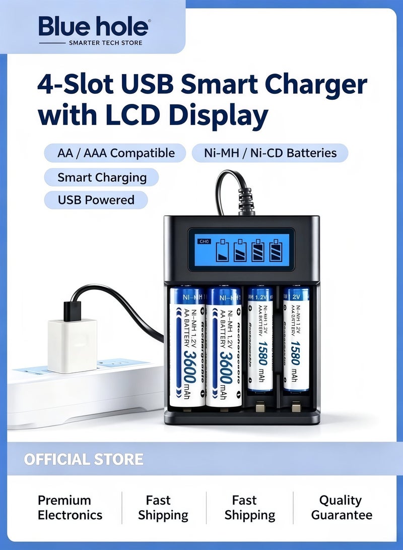 BlueHole 4-Slot USB Smart Charger with LCD Display Compatible with AA/AAA Nickel Metal Hydride Nickel Cadmium Batteries - Image 1