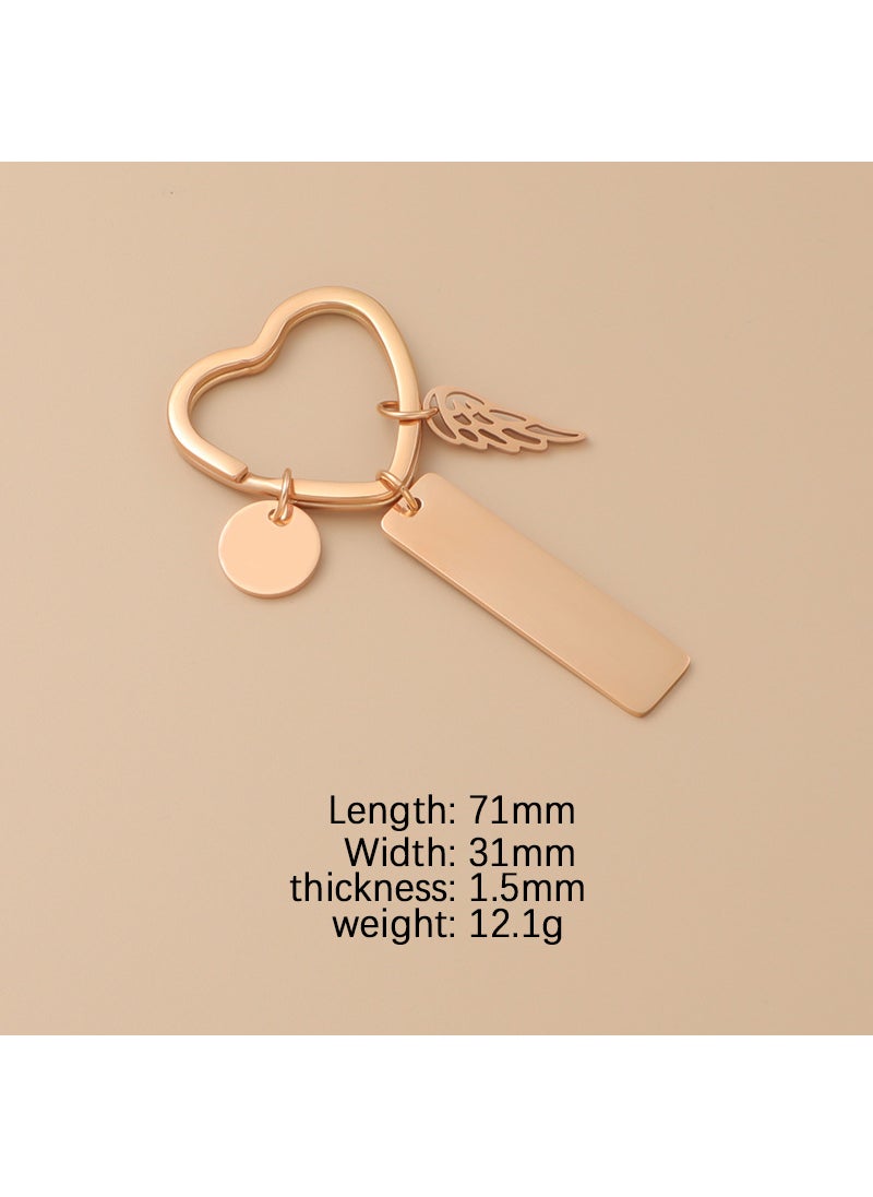 Generic Stainless Steel Heart Ring Round Piece Small Wings Long Bar Anti-Lost Brand Number Code Engraving Logo Keychain Pendant Package Furnace Rose Gold (MP458) 