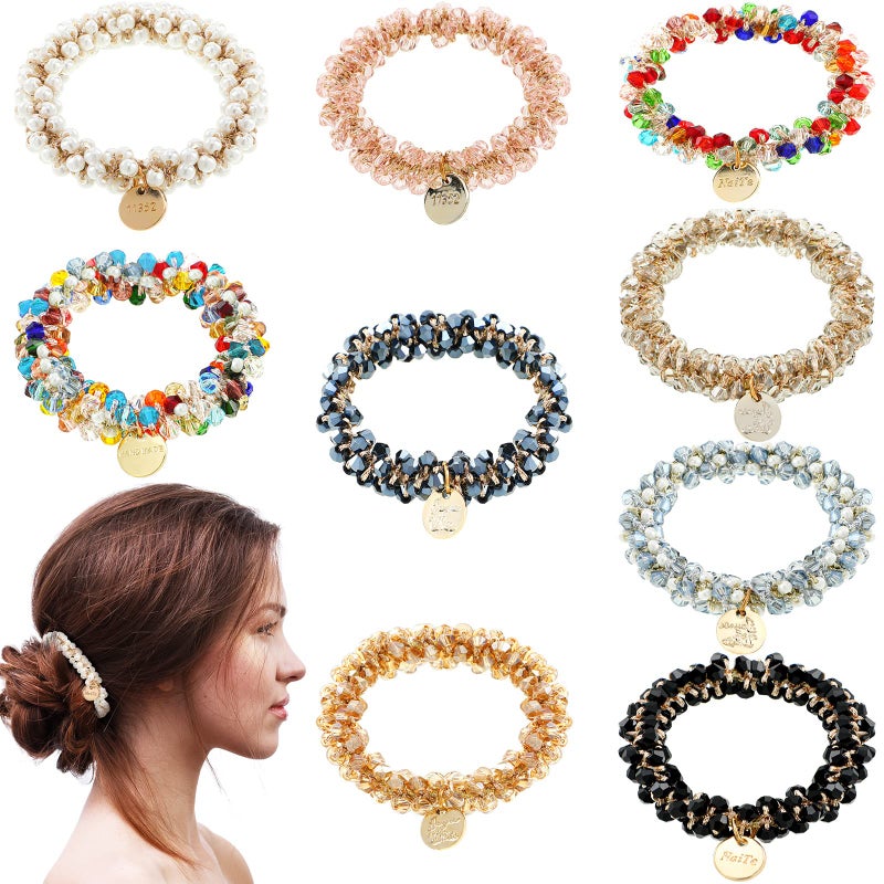 Yinder 9 Pcs Hair Ties Crystal Elastic Hair Scrunchies Stretchy Accessories Bead Ponytail Holders Boho Elastics Ties Handmade Bands for Women Rubber Bands Cute Style
