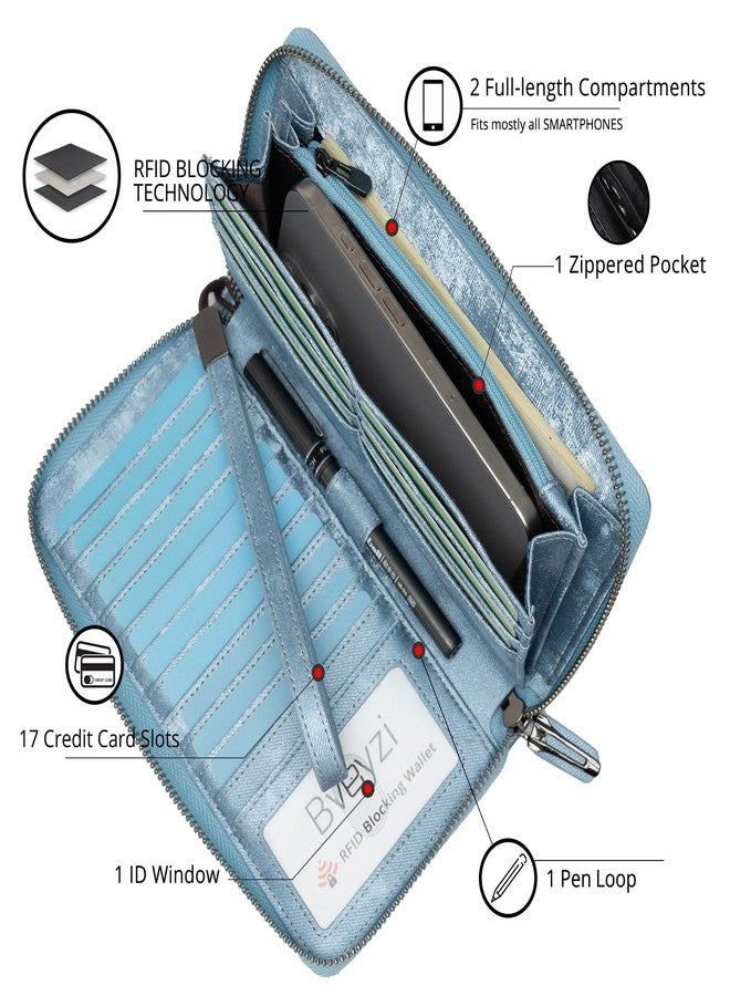 Bveyzi Women RFID Blocking Wallet Leather Zip Around Phone Clutch Large Capacity Ladies Travel Purse Wristlet (Ice Blue) - Image 2
