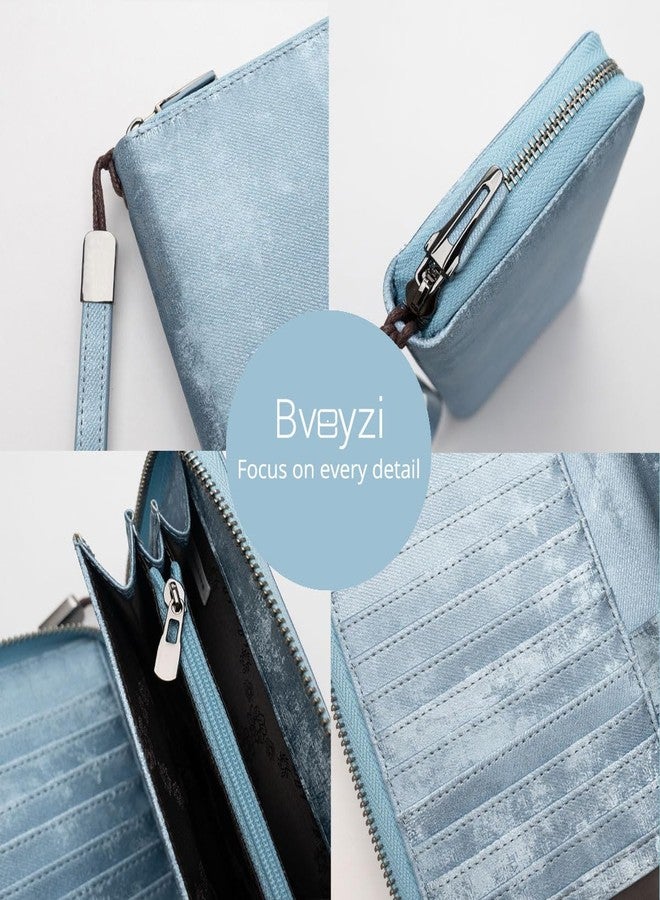 Bveyzi Women RFID Blocking Wallet Leather Zip Around Phone Clutch Large Capacity Ladies Travel Purse Wristlet (Ice Blue) - Image 5