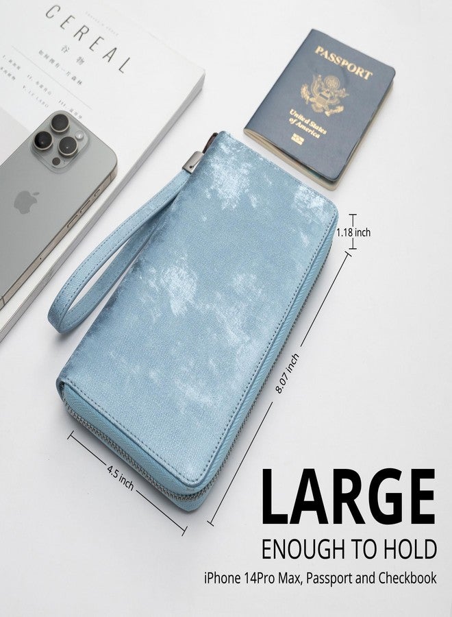Bveyzi Women RFID Blocking Wallet Leather Zip Around Phone Clutch Large Capacity Ladies Travel Purse Wristlet (Ice Blue) - Image 3