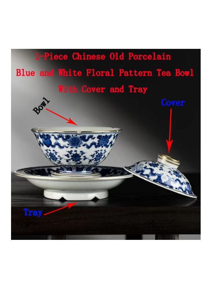 1-Piece Chinese Old Porcelain Blue and White Bowl Tea Set,Chinese Tea Bowl with Cover and Tray,Chinese Traditional Handicraft Ceramic Tea Set  - Image 1