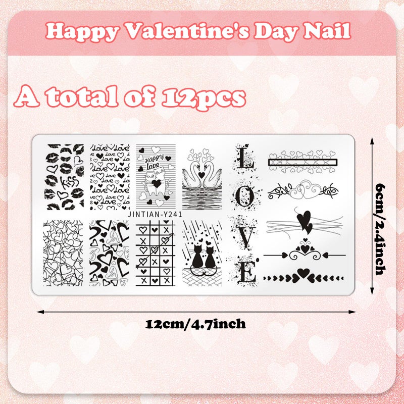 12 Pieces Valentine's Day Nail Art Stamping Plate Kit Love Kiss Heart Rose Pattern Stamp Templates Romantic Nail Art Plates for Wedding Anniversary DIY Print Manicure Salon - Image 2
