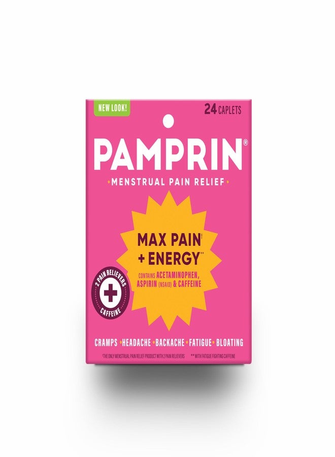 Pamprin Maximum Strength Max Pain and Energy Formula, Menstrual Period Symptoms Relief for Cramps, Bloating and Fatigue, 24 Caplets - Image 1
